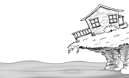 Cartoon of a house leaning over a shoreline suffering erosion